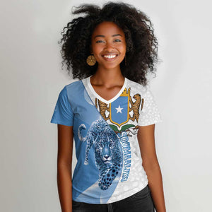 Coat of arms of Soomaaliya Women V-Neck T-Shirt Leopard Skin mix Islamic Pattern