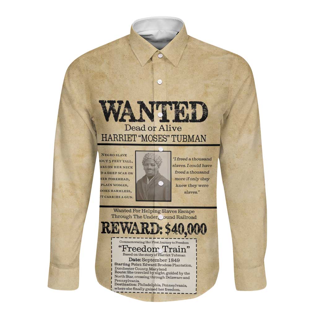 Harriet Tubman Freedom Long Sleeve Button Shirt Vintage Wanted Poster Style - African Pride