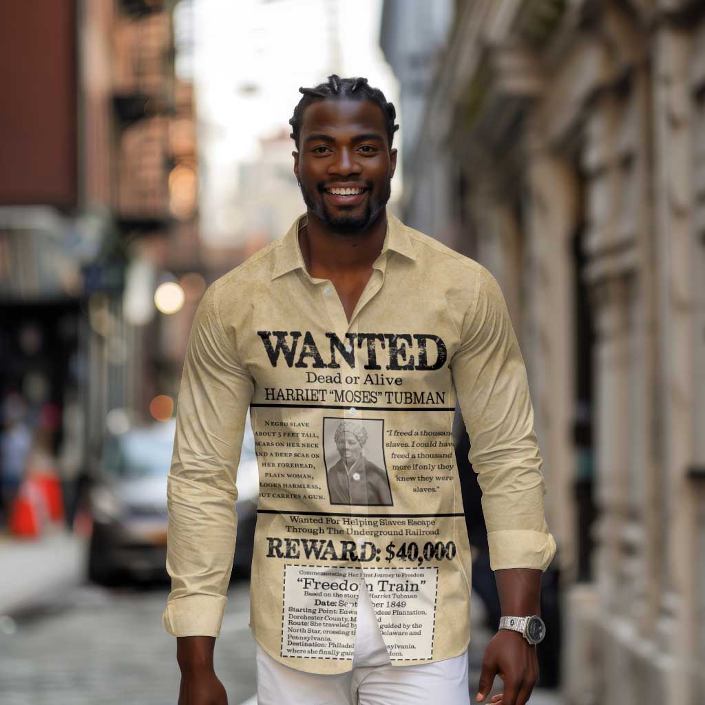 Harriet Tubman Freedom Long Sleeve Button Shirt Vintage Wanted Poster Style - African Pride