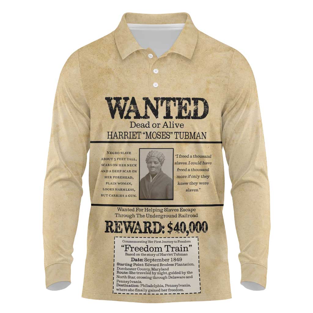 Harriet Tubman Freedom Long Sleeve Polo Shirt Vintage Wanted Poster Style - African Pride