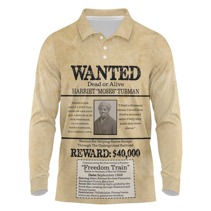 Harriet Tubman Freedom Long Sleeve Polo Shirt Vintage Wanted Poster Style - African Pride