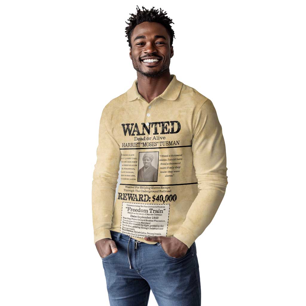 Harriet Tubman Freedom Long Sleeve Polo Shirt Vintage Wanted Poster Style - African Pride