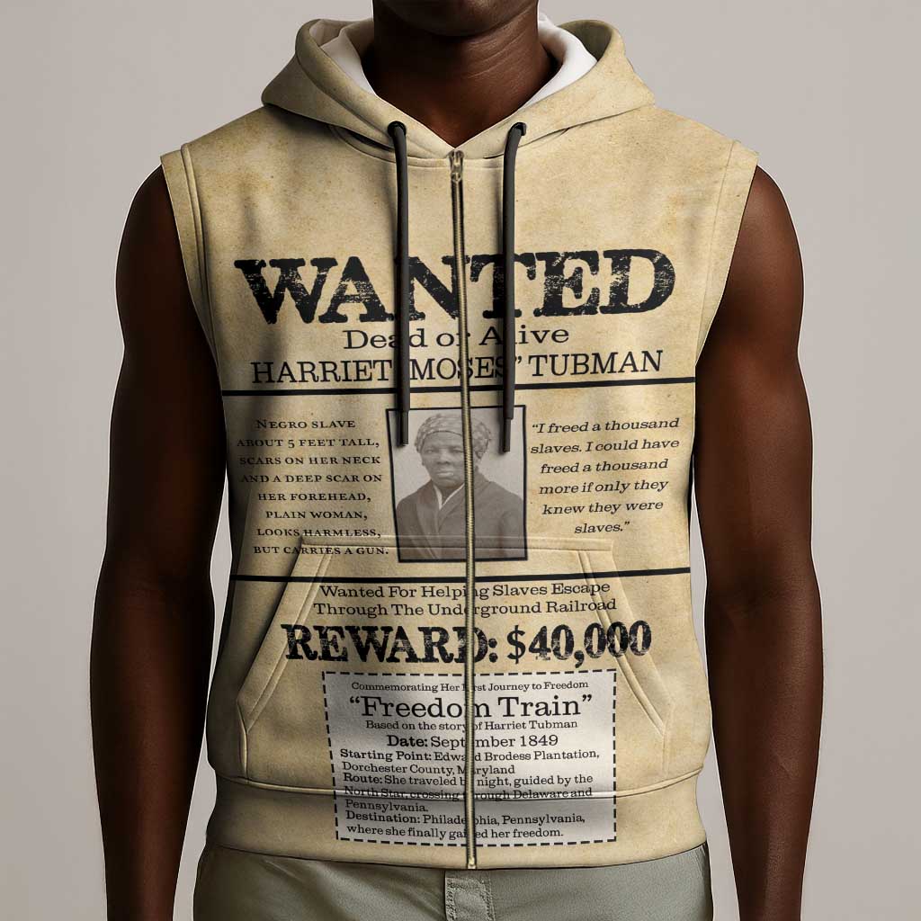 Harriet Tubman Freedom Sleeveless Zip Hoodie Vintage Wanted Poster Style - African Pride