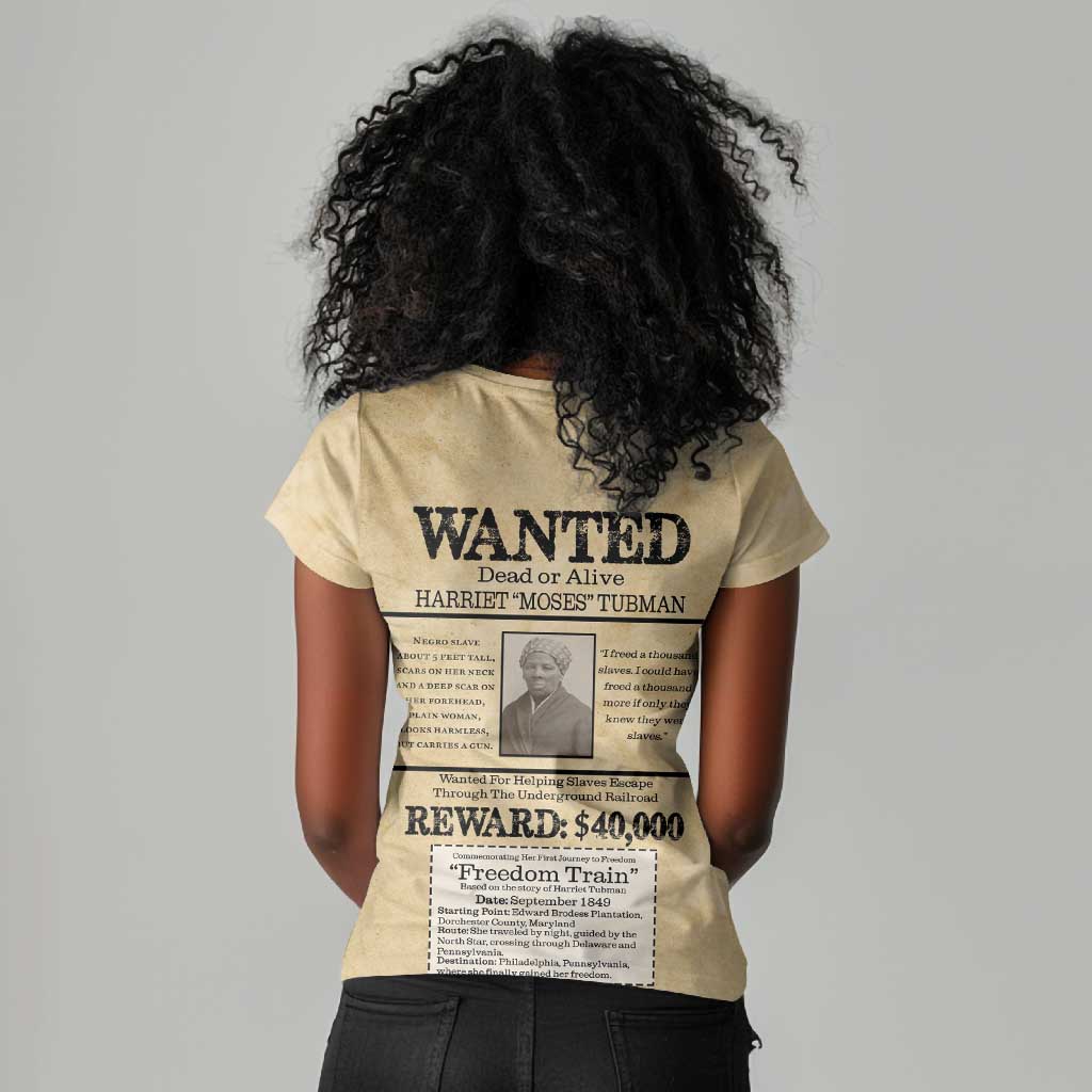 Harriet Tubman Freedom Women V-Neck T-Shirt Vintage Wanted Poster Style - African Pride