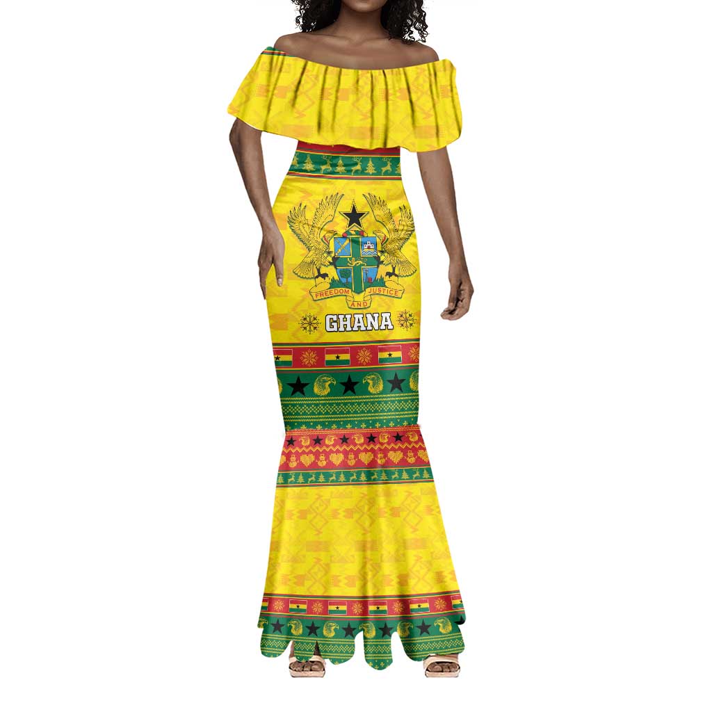 Afro Ghana Christmas Mermaid Dress Coat Of Arms - Kente Pattern