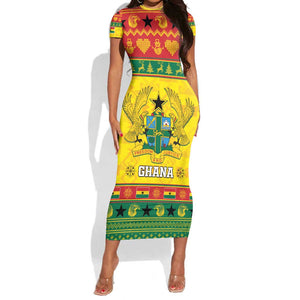 Afro Ghana Christmas Short Sleeve Bodycon Dress Coat Of Arms - Kente Pattern LT15