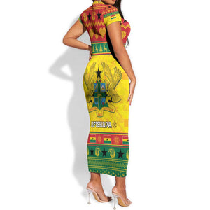 Afro Ghana Christmas Short Sleeve Bodycon Dress Coat Of Arms - Kente Pattern LT15