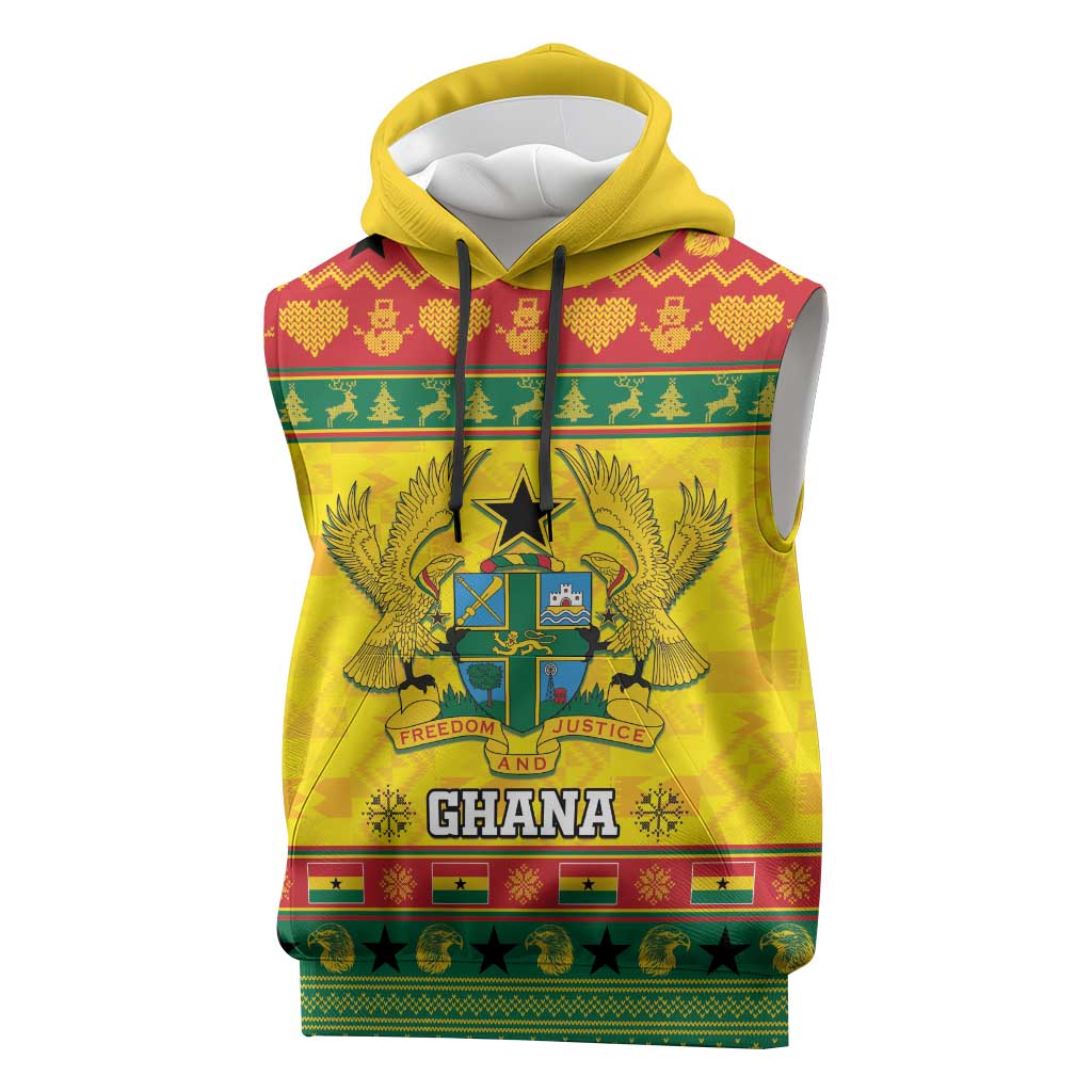 Afro Ghana Christmas Sleeveless Hoodie Coat Of Arms - Kente Pattern - African Pride