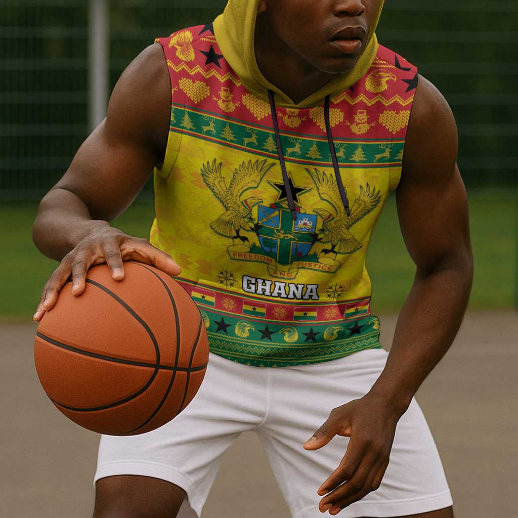 Afro Ghana Christmas Sleeveless Hoodie Coat Of Arms - Kente Pattern - African Pride
