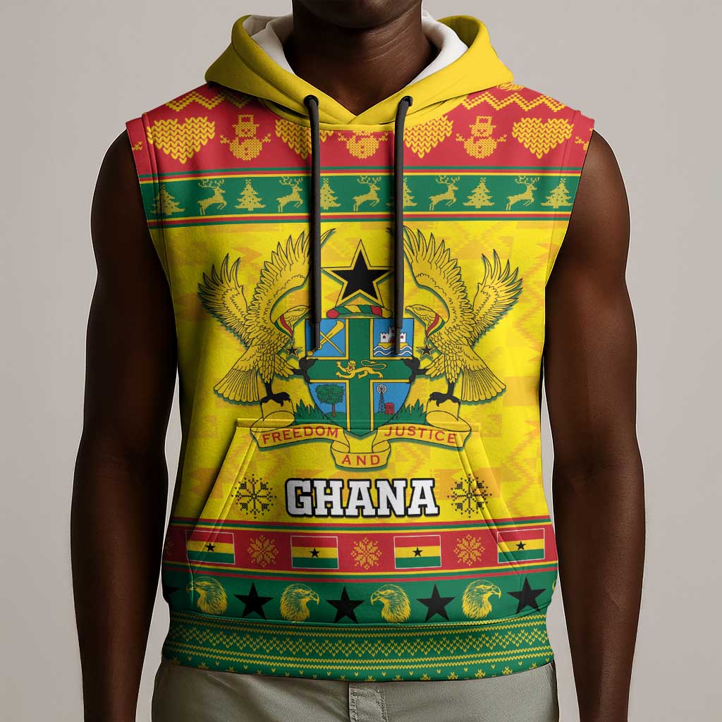Afro Ghana Christmas Sleeveless Hoodie Coat Of Arms - Kente Pattern - African Pride