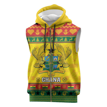 Afro Ghana Christmas Sleeveless Zip Hoodie Coat Of Arms - Kente Pattern - African Pride
