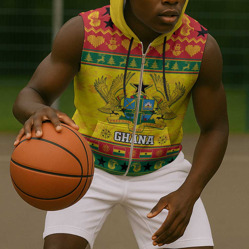 Afro Ghana Christmas Sleeveless Zip Hoodie Coat Of Arms - Kente Pattern - African Pride