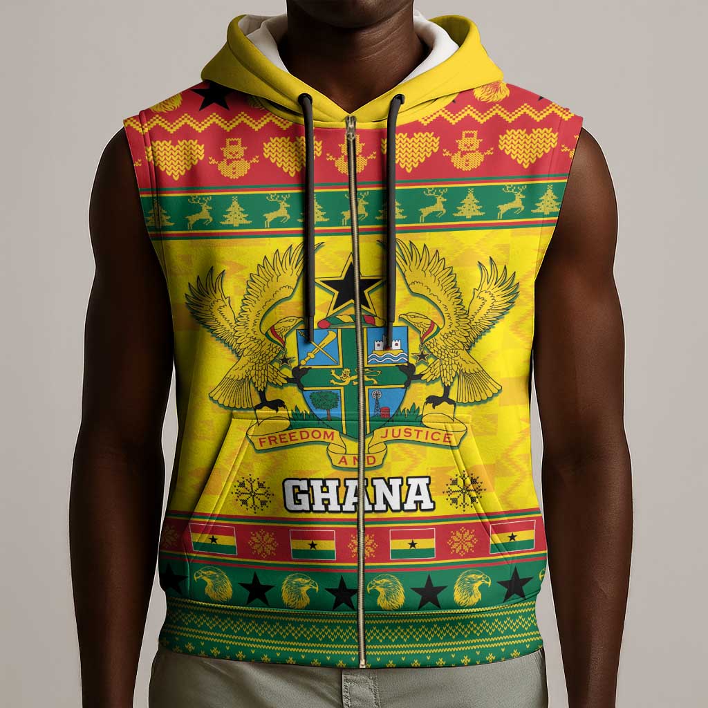 Afro Ghana Christmas Sleeveless Zip Hoodie Coat Of Arms - Kente Pattern - African Pride