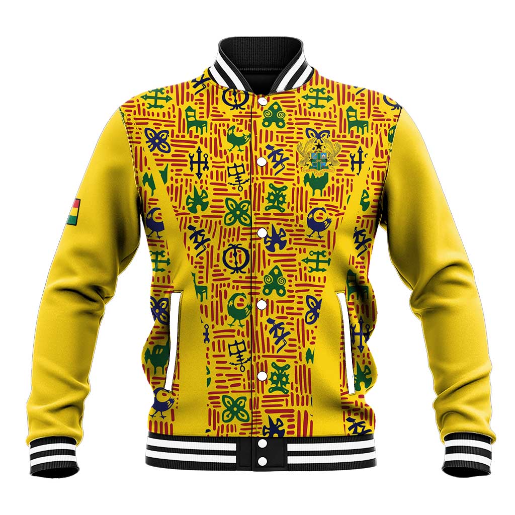 Custom Ghana Football Baseball Jacket Yellow Adinkra Pattern - African Pride