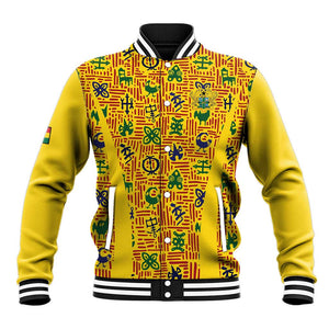 Custom Ghana Football Baseball Jacket Yellow Adinkra Pattern - African Pride