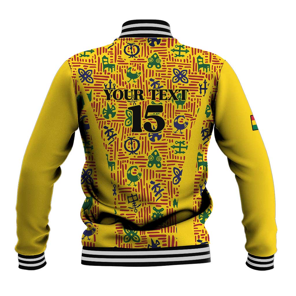 Custom Ghana Football Baseball Jacket Yellow Adinkra Pattern - African Pride