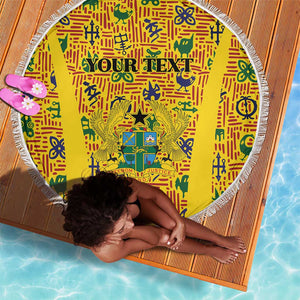 Custom Ghana Football Beach Blanket Yellow Adinkra Pattern - African Pride