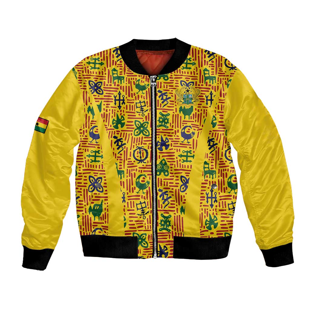 Custom Ghana Football Bomber Jacket Yellow Adinkra Pattern - African Pride