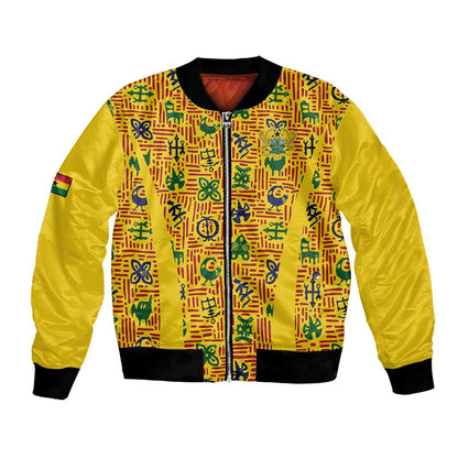 Custom Ghana Football Bomber Jacket Yellow Adinkra Pattern - African Pride