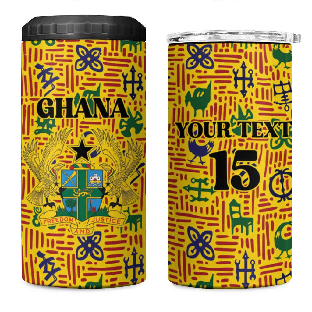 Custom Ghana Football 4 in 1 Can Cooler Tumbler Yellow Adinkra Pattern - African Pride