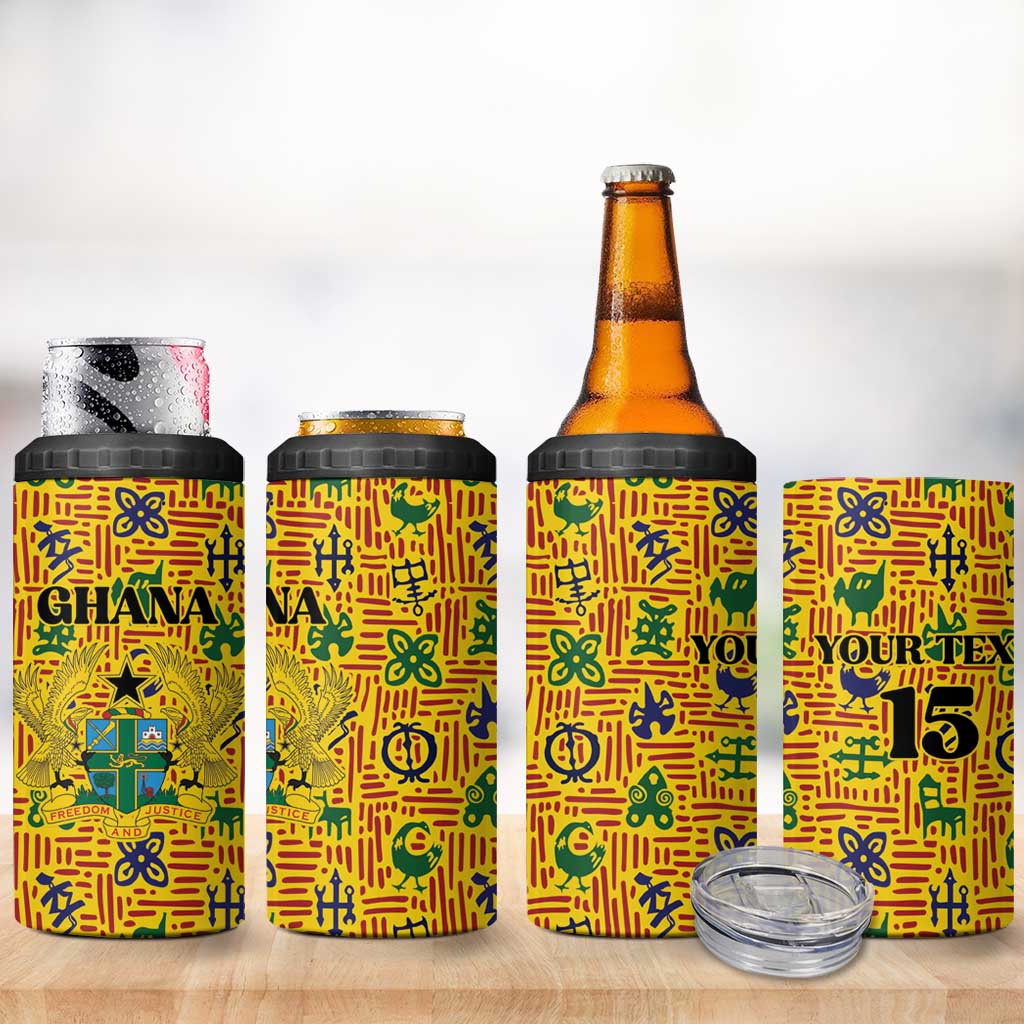 Custom Ghana Football 4 in 1 Can Cooler Tumbler Yellow Adinkra Pattern - African Pride