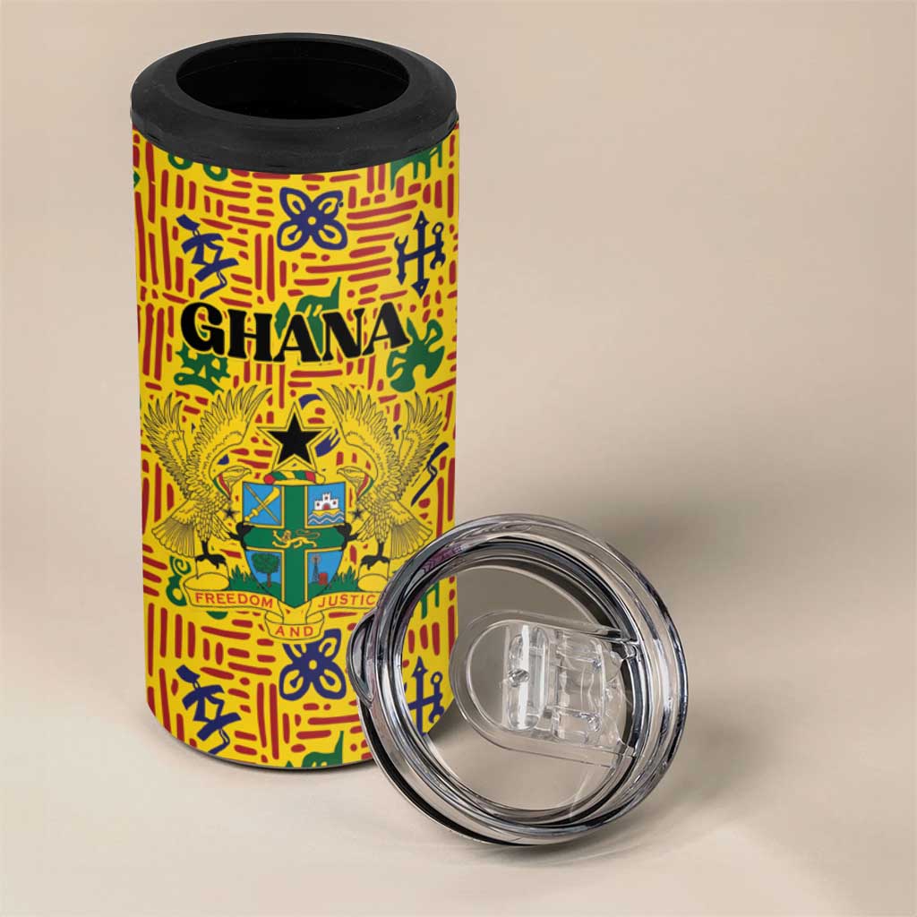 Custom Ghana Football 4 in 1 Can Cooler Tumbler Yellow Adinkra Pattern - African Pride