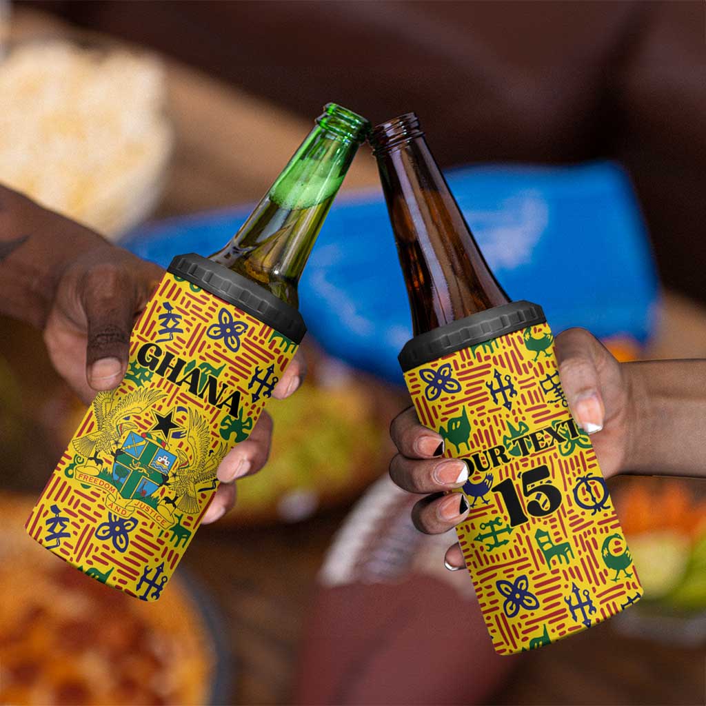 Custom Ghana Football 4 in 1 Can Cooler Tumbler Yellow Adinkra Pattern - African Pride