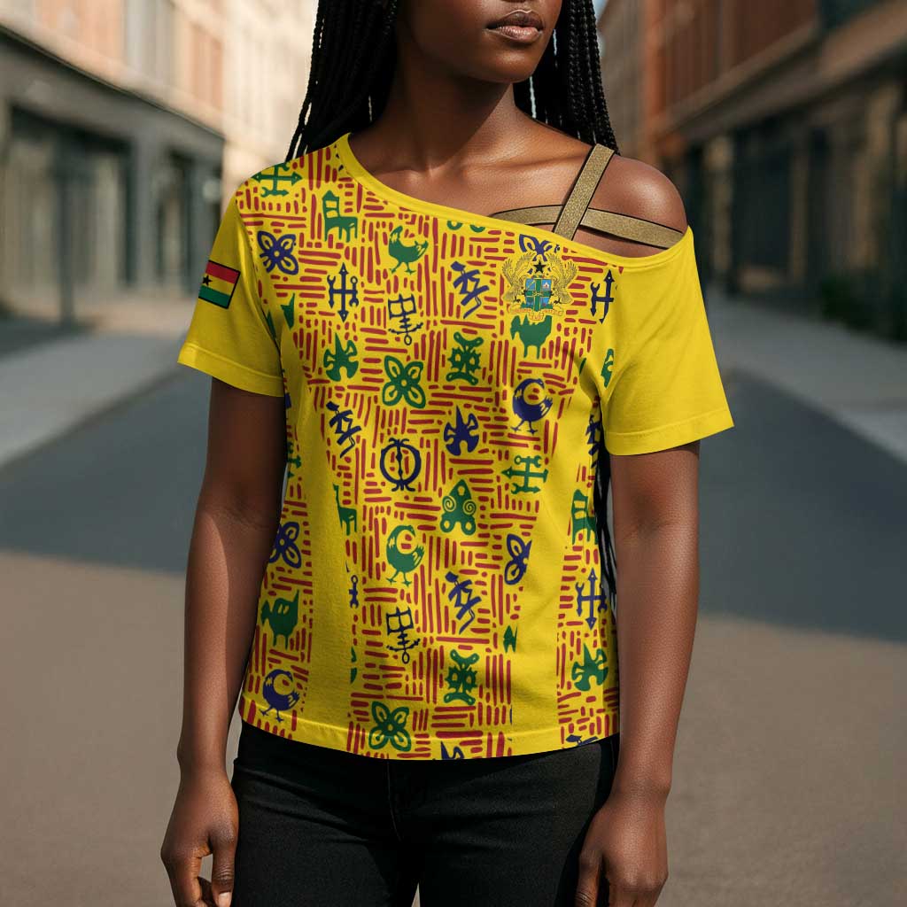 Custom Ghana Football Cross Shoulder Shirt Yellow Adinkra Pattern - African Pride