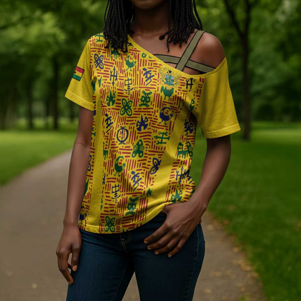 Custom Ghana Football Cross Shoulder Shirt Yellow Adinkra Pattern - African Pride