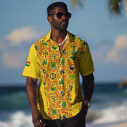 Custom Ghana Football Hawaiian Shirt Yellow Adinkra Pattern - African Pride