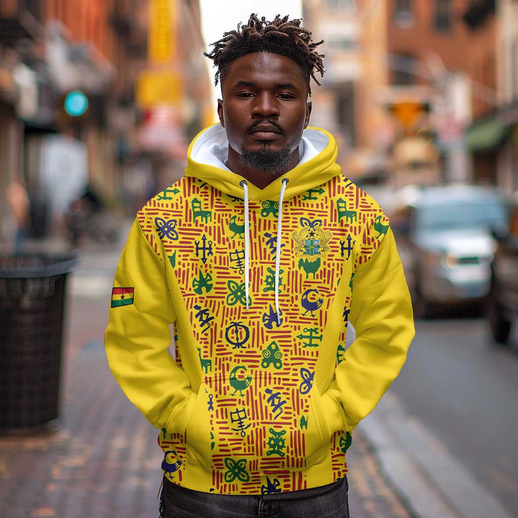 Custom Ghana Football Hoodie Yellow Adinkra Pattern - African Pride