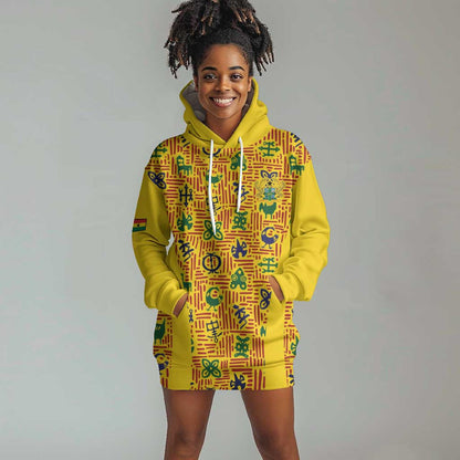 Custom Ghana Football Hoodie Dress Yellow Adinkra Pattern - African Pride