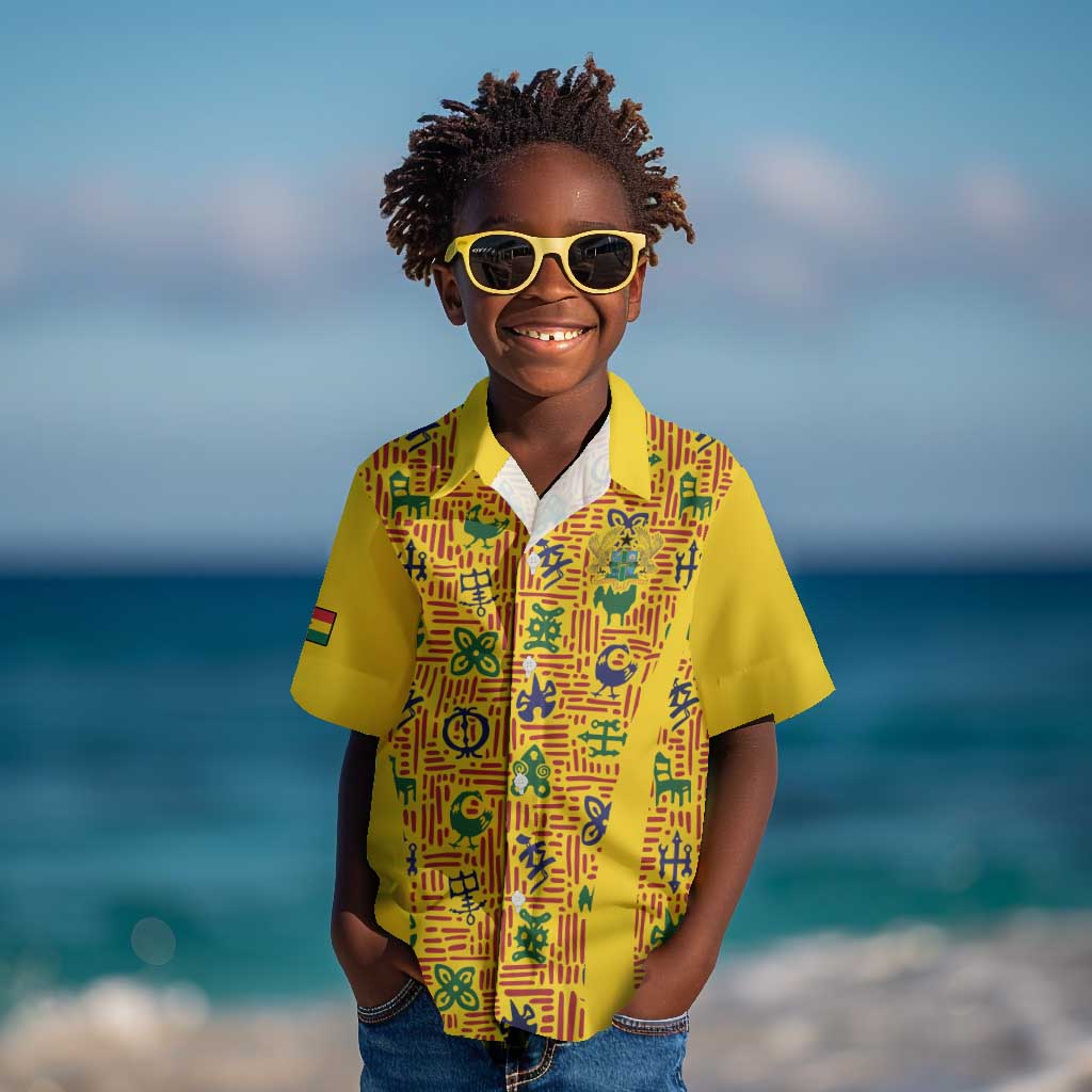 Custom Ghana Football Kid Hawaiian Shirt Yellow Adinkra Pattern - African Pride