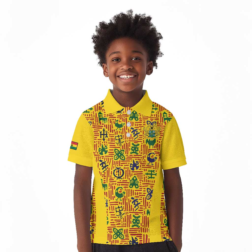 Custom Ghana Football Kid Polo Shirt Yellow Adinkra Pattern - African Pride