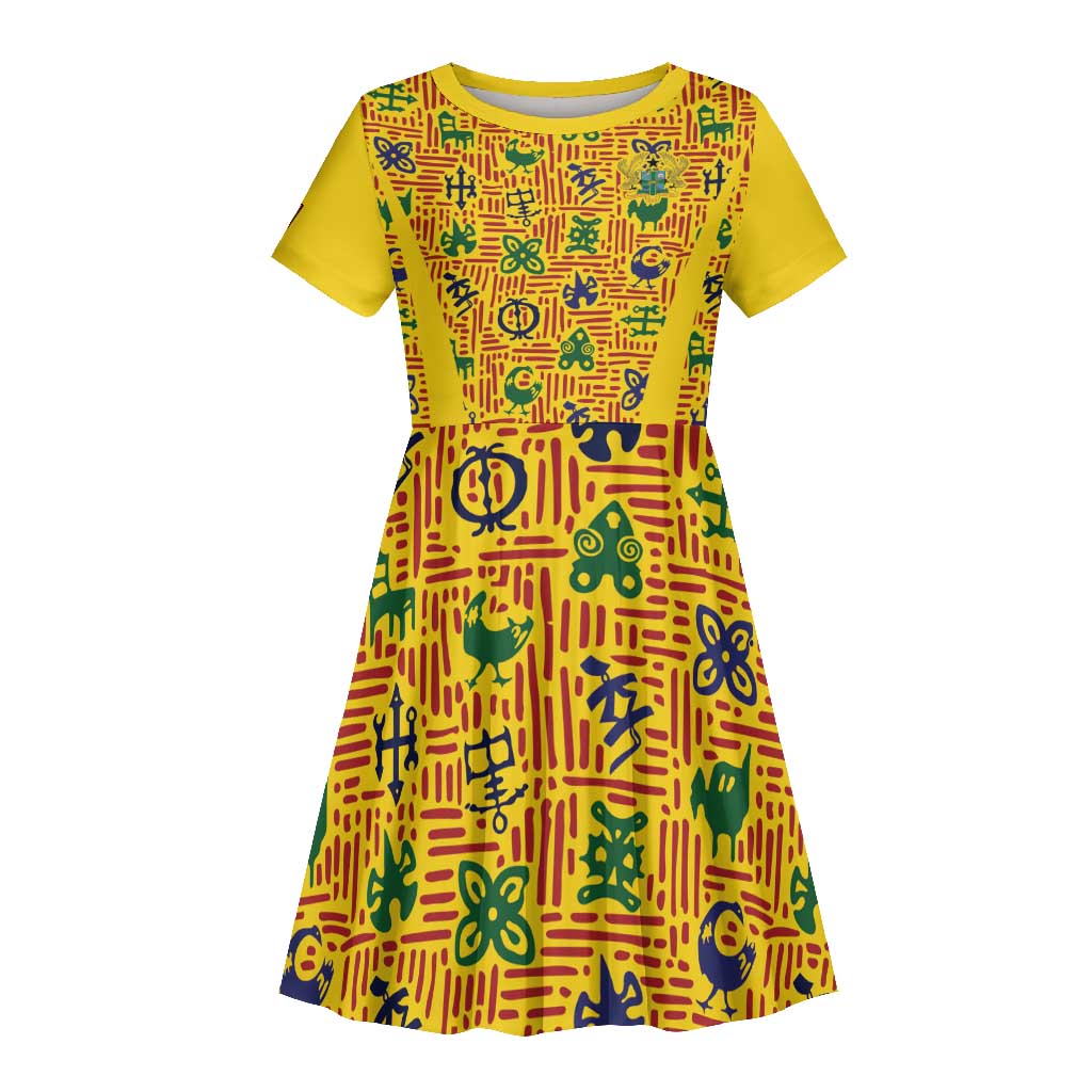 Custom Ghana Football Kid Short Sleeve Dress Yellow Adinkra Pattern - African Pride