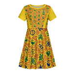 Custom Ghana Football Kid Short Sleeve Dress Yellow Adinkra Pattern - African Pride