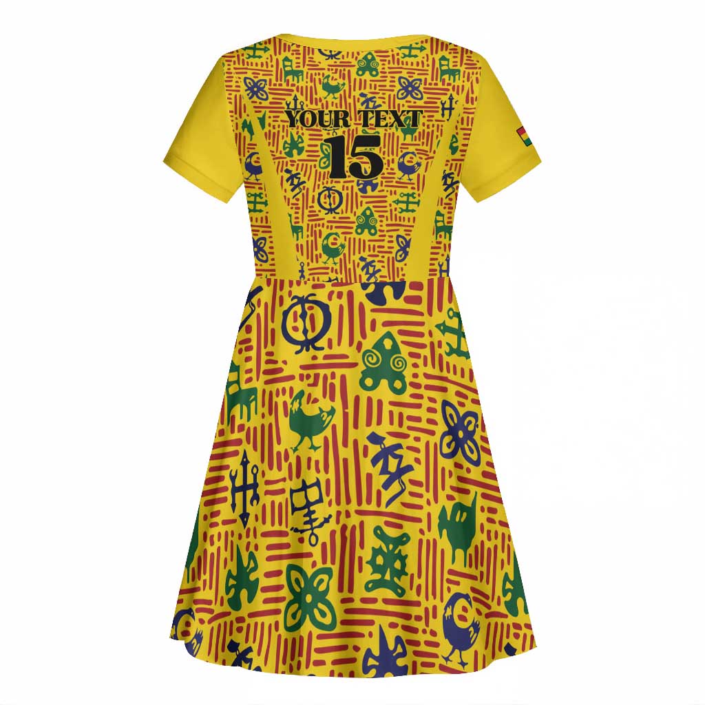 Custom Ghana Football Kid Short Sleeve Dress Yellow Adinkra Pattern - African Pride