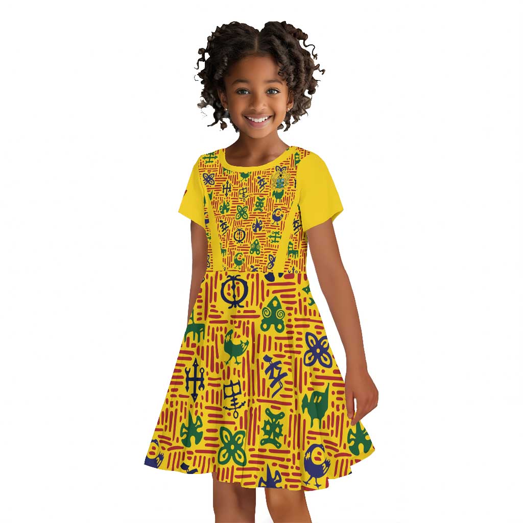 Custom Ghana Football Kid Short Sleeve Dress Yellow Adinkra Pattern - African Pride