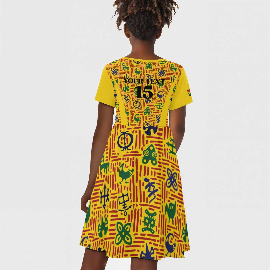 Custom Ghana Football Kid Short Sleeve Dress Yellow Adinkra Pattern - African Pride