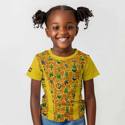 Custom Ghana Football Kid T shirt Yellow Adinkra Pattern - African Pride