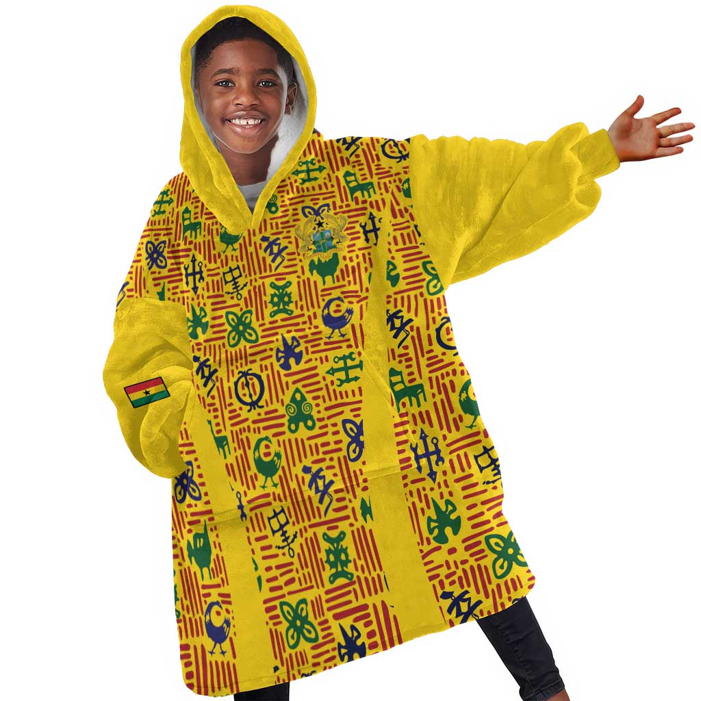 Custom Ghana Football Kid Wearable Blanket Hoodie Yellow Adinkra Pattern - African Pride