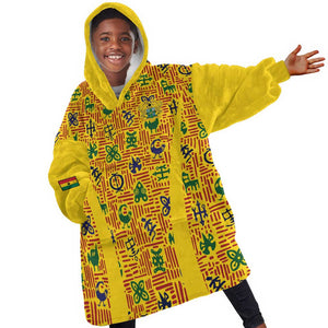 Custom Ghana Football Kid Wearable Blanket Hoodie Yellow Adinkra Pattern - African Pride