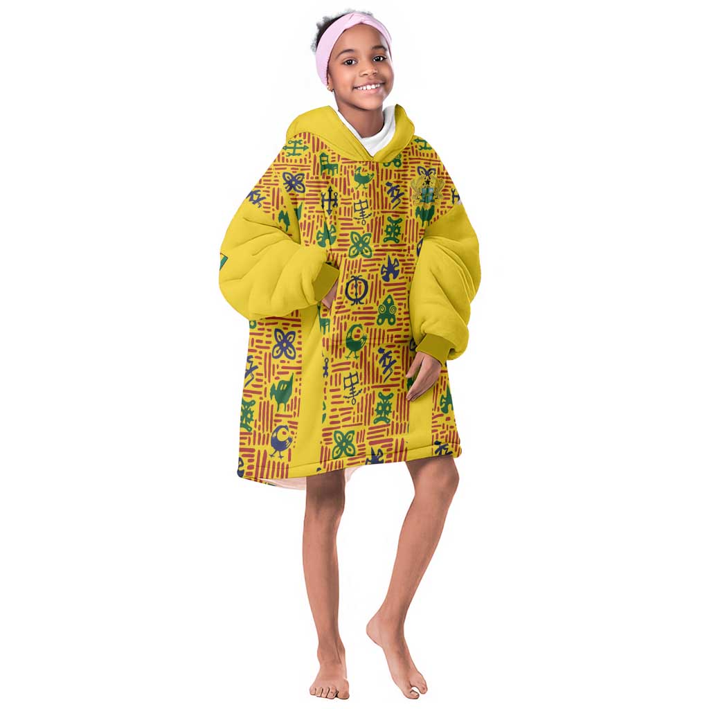 Custom Ghana Football Kid Wearable Blanket Hoodie Yellow Adinkra Pattern - African Pride