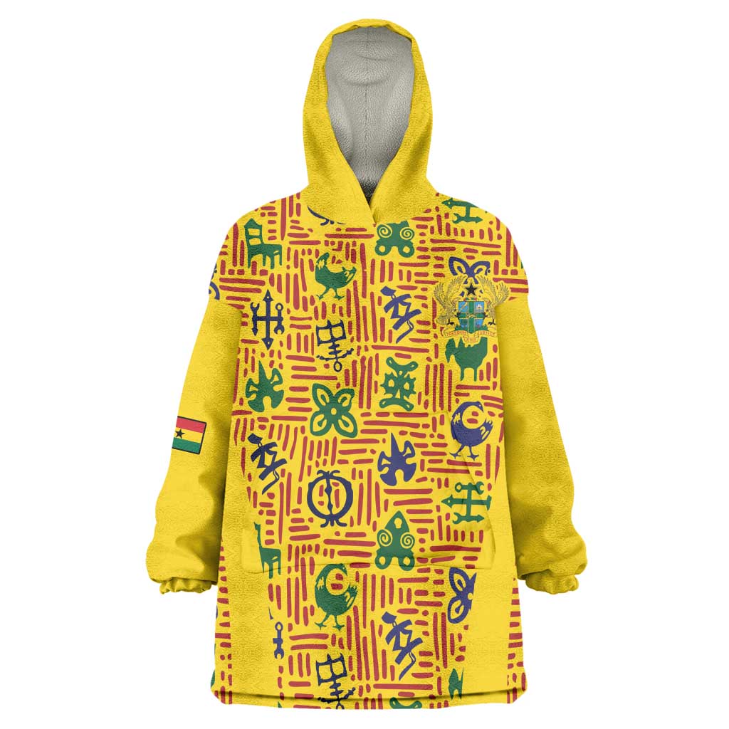 Custom Ghana Football Kid Wearable Blanket Hoodie Yellow Adinkra Pattern - African Pride