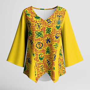 Custom Ghana Football Kimono Sleeve Blouse Yellow Adinkra Pattern - African Pride