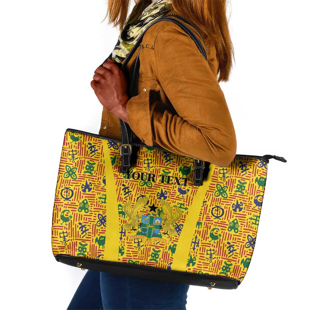 Custom Ghana Football Leather Tote Bag Yellow Adinkra Pattern - African Pride