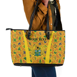 Custom Ghana Football Leather Tote Bag Yellow Adinkra Pattern - African Pride