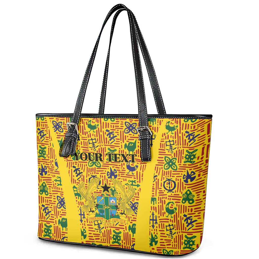 Custom Ghana Football Leather Tote Bag Yellow Adinkra Pattern - African Pride