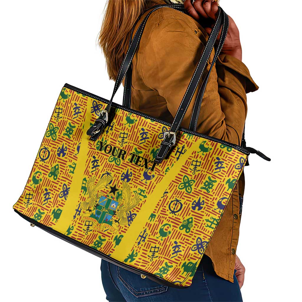 Custom Ghana Football Leather Tote Bag Yellow Adinkra Pattern - African Pride