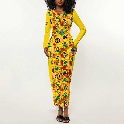Custom Ghana Football Long Sleeve Bodycon Dress Yellow Adinkra Pattern - African Pride